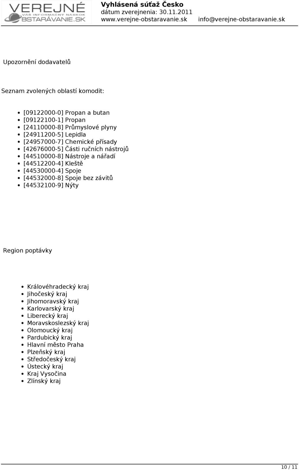 [44532000-8] Spoje bez závitů [44532100-9] Nýty Region poptávky Královéhradecký kraj Jihočeský kraj Jihomoravský kraj Karlovarský kraj Liberecký