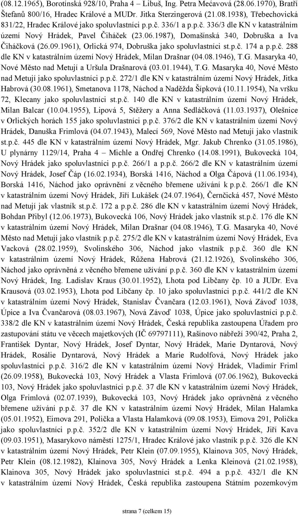 p.č. 288 dle KN v katastrálním území Nový Hrádek, Milan Drašnar (04.08.1946), T.G. Masaryka 40, Nové Město nad Metují a Uršula Drašnarová (03.01.1944), T.G. Masaryka 40, Nové Město nad Metují jako spoluvlastníci p.