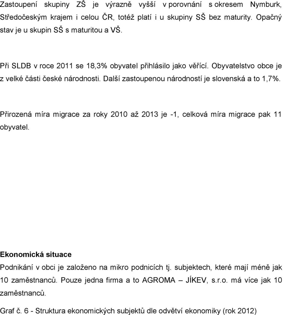 Další zastoupenou národností je slovenská a to 1,7%. Přirozená míra migrace za roky 2010 až 2013 je -1, celková míra migrace pak 11 obyvatel.