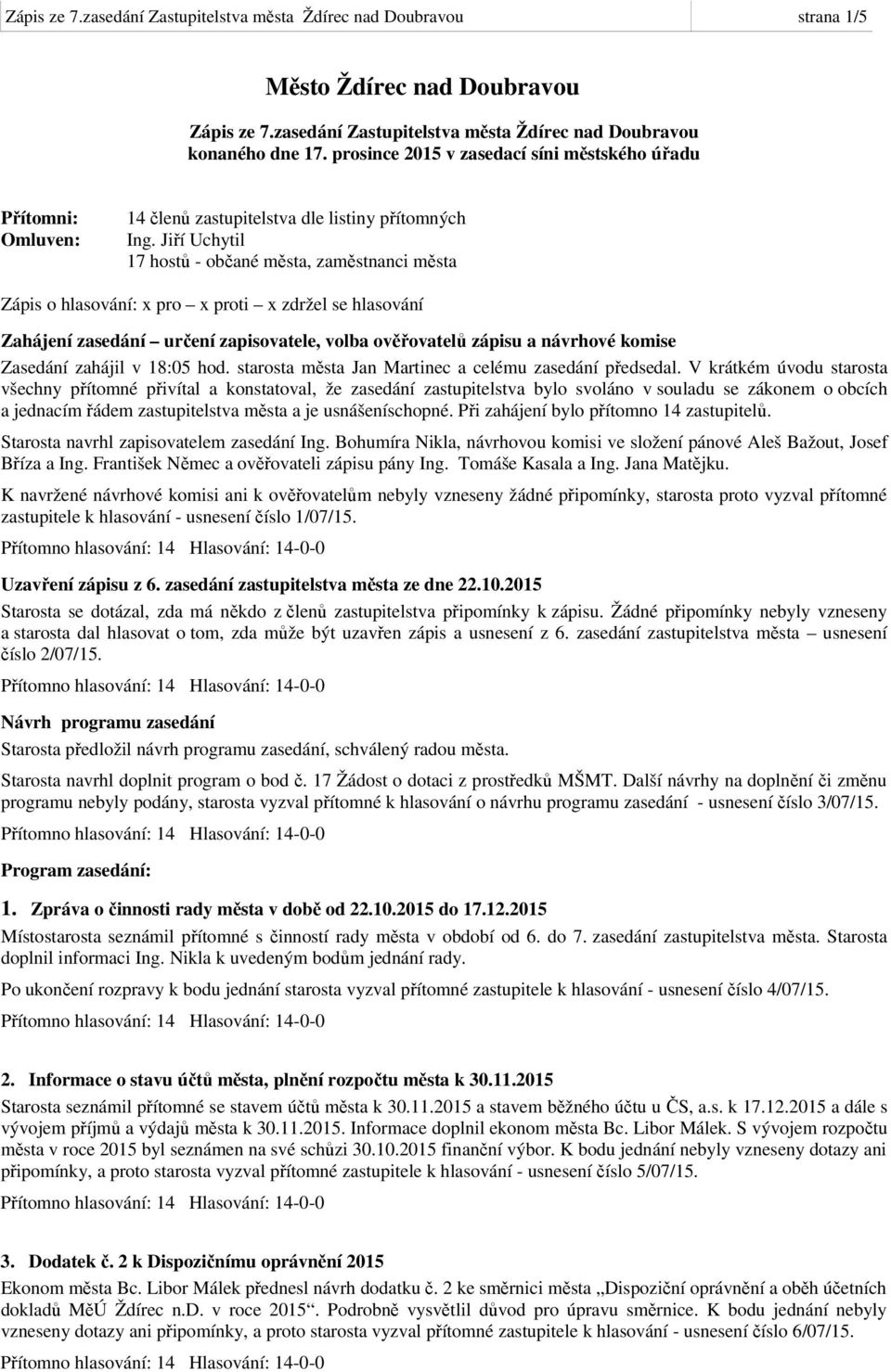 Jiří Uchytil 17 hostů - občané města, zaměstnanci města Zápis o hlasování: x pro x proti x zdržel se hlasování Zahájení zasedání určení zapisovatele, volba ověřovatelů zápisu a návrhové komise