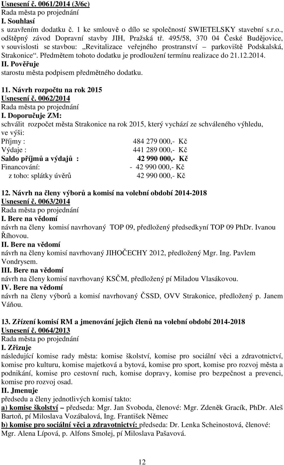 2014. starostu města podpisem předmětného dodatku. 11. Návrh rozpočtu na rok 2015 Usnesení č.