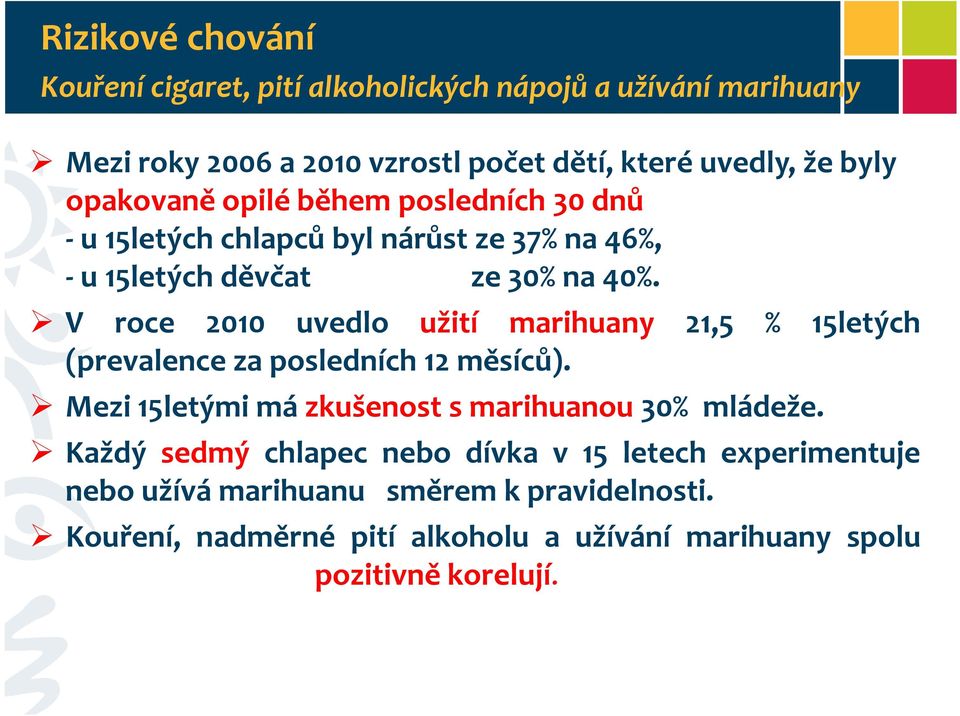 V roce 2010 uvedlo užití marihuany 21,5 % 15letých (prevalence za posledních 12 měsíců). Mezi 15letými má zkušenost s marihuanou 30% mládeže.