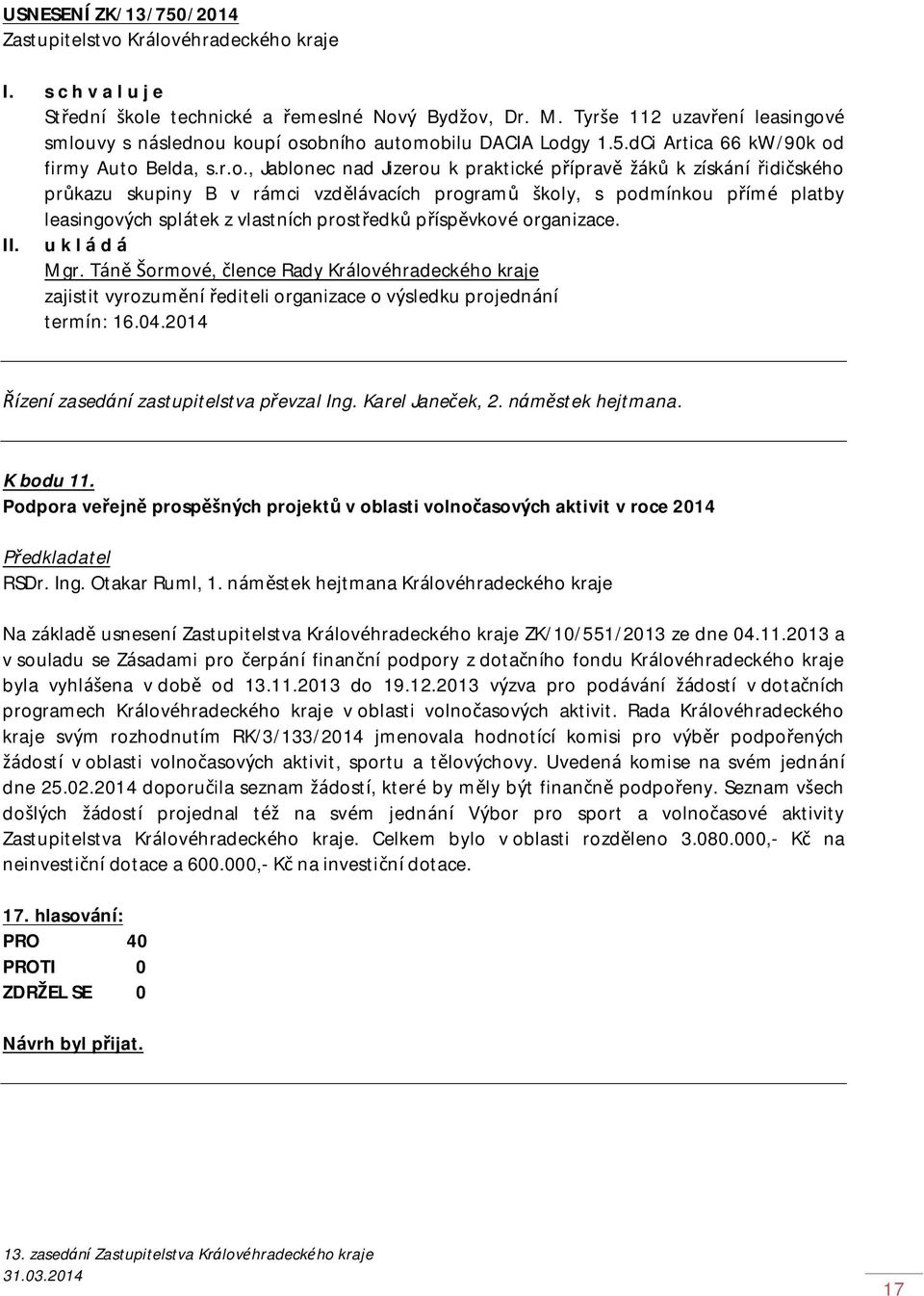 příspěvkové organizace. II. u k l á d á Mgr. Táně Šormové, člence Rady Královéhradeckého kraje zajistit vyrozumění řediteli organizace o výsledku projednání termín: 16.04.