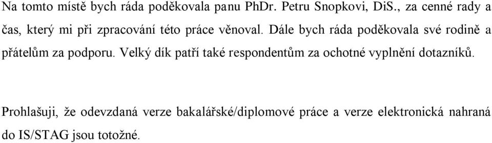 Dále bych ráda poděkovala své rodině a přátelům za podporu.