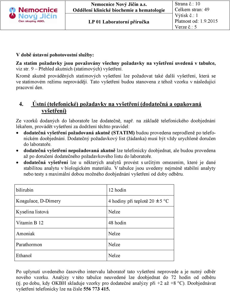 4. Ústní (telefonické) požadavky na vyšetření (dodatečná a opakovaná vyšetření) Ze vzorků dodaných do laboratoře lze dodatečně, např.