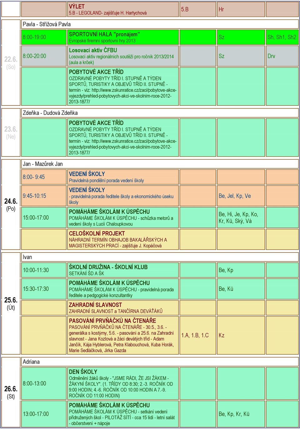 Jan - Mazůrek Jan 8:00-9:45 Pravidelná pondělní porada vedení školy 24.6.