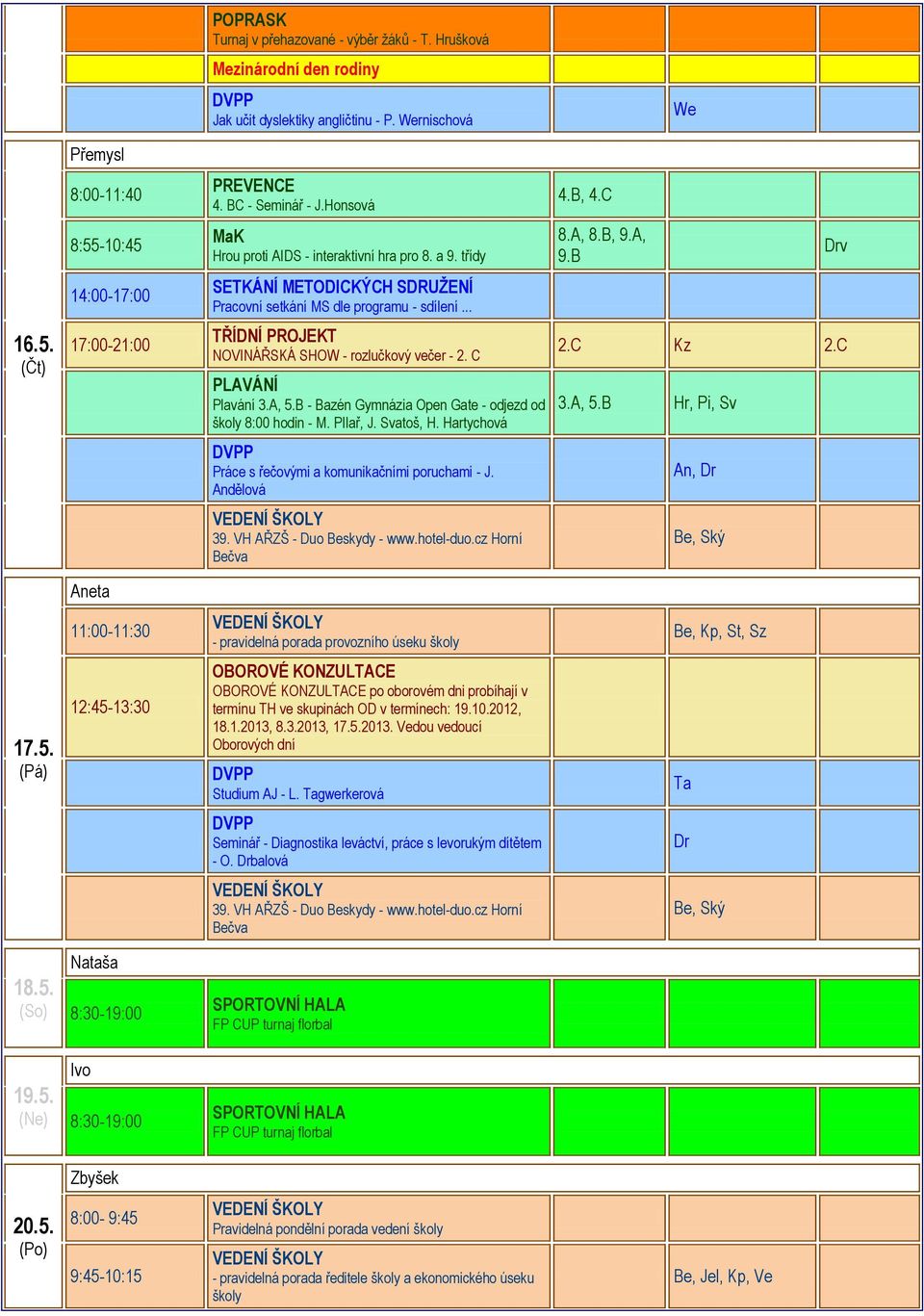 .. TŘÍDNÍ PROJEKT NOVINÁŘSKÁ SHOW - rozlučkový večer - 2. C PLAVÁNÍ Plavání 3.A, 5.B - Bazén Gymnázia Open Gate - odjezd od školy 8:00 hodin - M. PIlař, J. Svatoš, H.