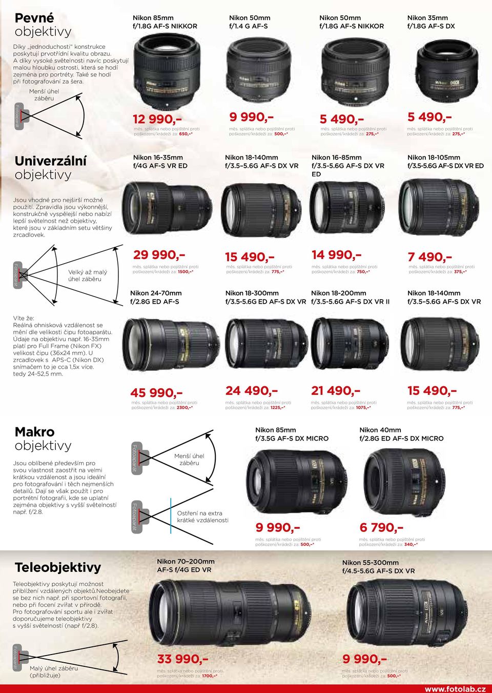 Menší úhel záběru Fotoaparát 12 990, poškození/krádeži za: 650, * 9 990, poškození/krádeži za: 500, * 5 490, poškození/krádeži za: 275, * 5 490, poškození/krádeži za: 275, * Univerzální objektivy