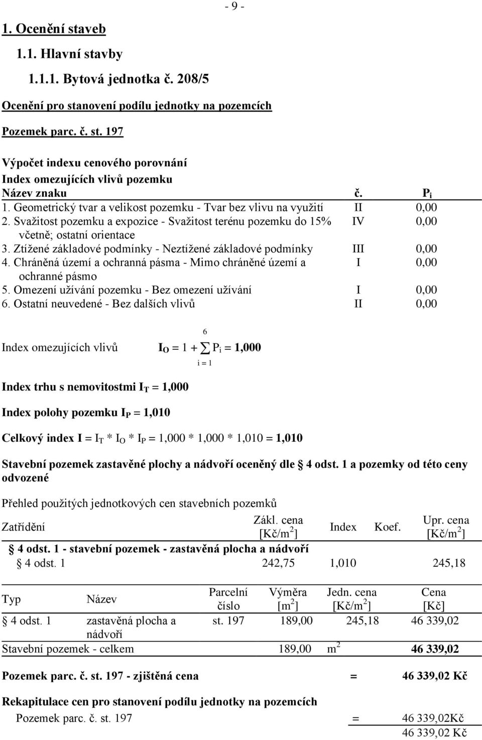 Ztížené základové podmínky - Neztížené základové podmínky III 0,00 4. Chráněná území a ochranná pásma - Mimo chráněné území a I 0,00 ochranné pásmo 5.