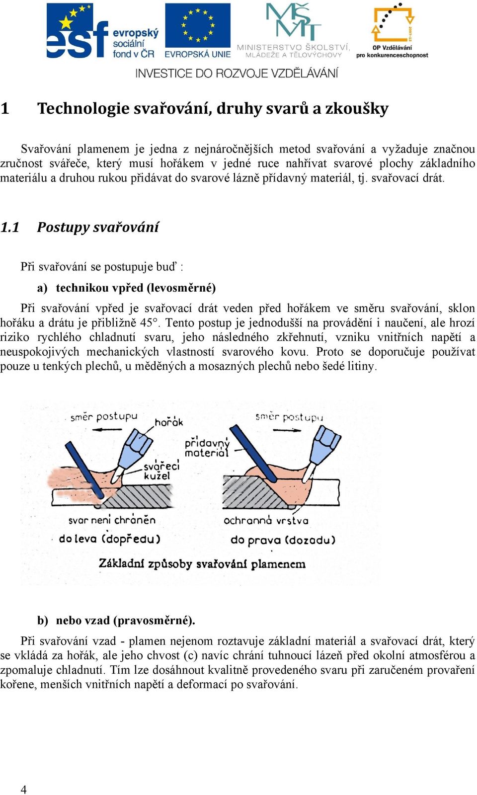 1 Postupy svařování Při svařování se postupuje buď : a) technikou vpřed (levosměrné) Při svařování vpřed je svařovací drát veden před hořákem ve směru svařování, sklon hořáku a drátu je přibližně 45.