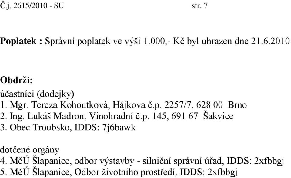 Obec Troubsko, IDDS: 7j6bawk dotčené orgány 4.