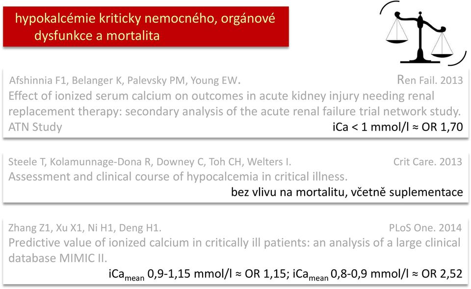 ATN Study ica < 1 mmol/l OR 1,70 Steele T, Kolamunnage-Dona R, Downey C, Toh CH, Welters I. Crit Care. 2013 Assessment and clinical course of hypocalcemia in critical illness.