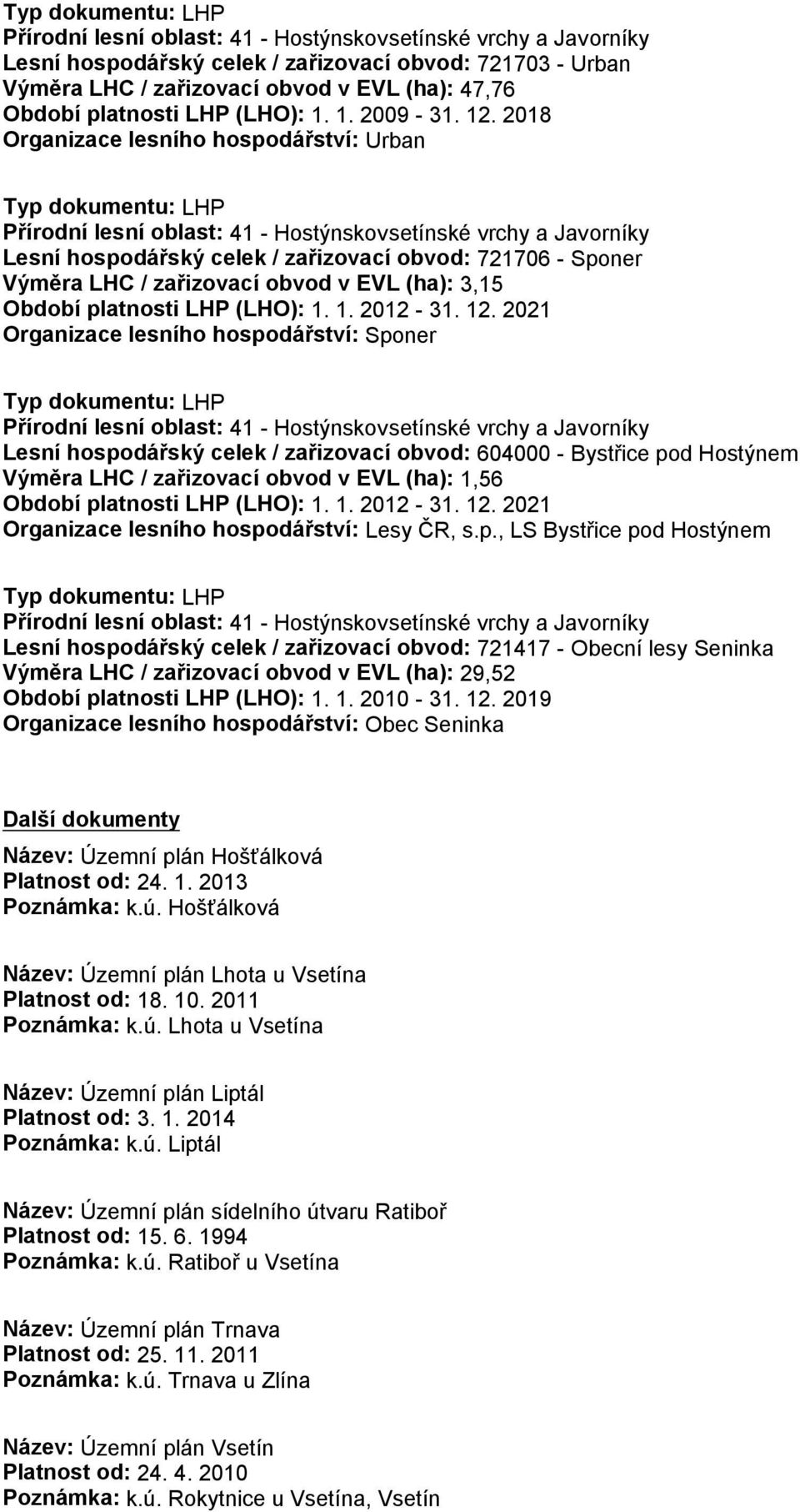 2018 Organizace lesního hospodářství: Urban Typ dokumentu: LHP Přírodní lesní oblast: 41 - Hostýnskovsetínské vrchy a Javorníky Lesní hospodářský celek / zařizovací obvod: 721706 - Sponer Výměra LHC