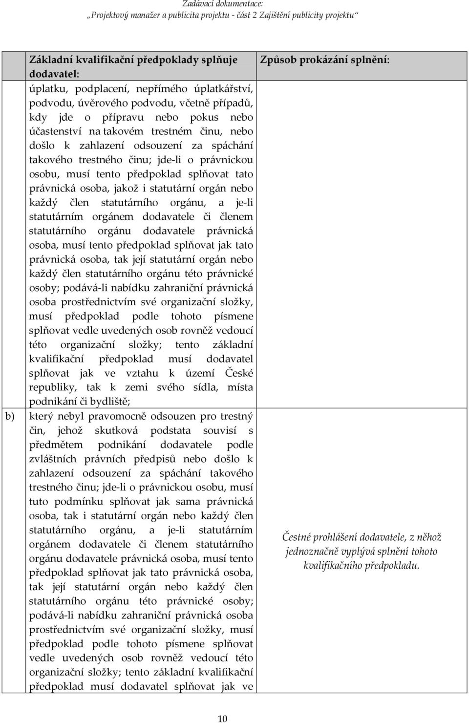 každý člen statutárního orgánu, a je li statutárním orgánem dodavatele či členem statutárního orgánu dodavatele právnická osoba, musí tento předpoklad splňovat jak tato právnická osoba, tak její