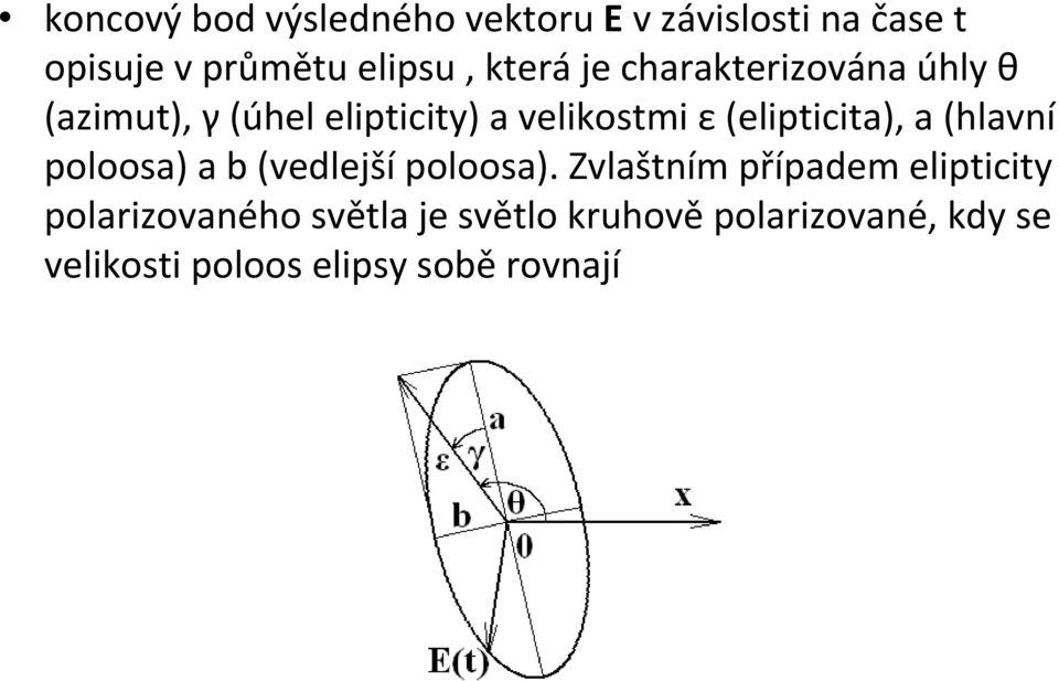 (elipticita), a (hlavní poloosa) a b (vedlejší poloosa).