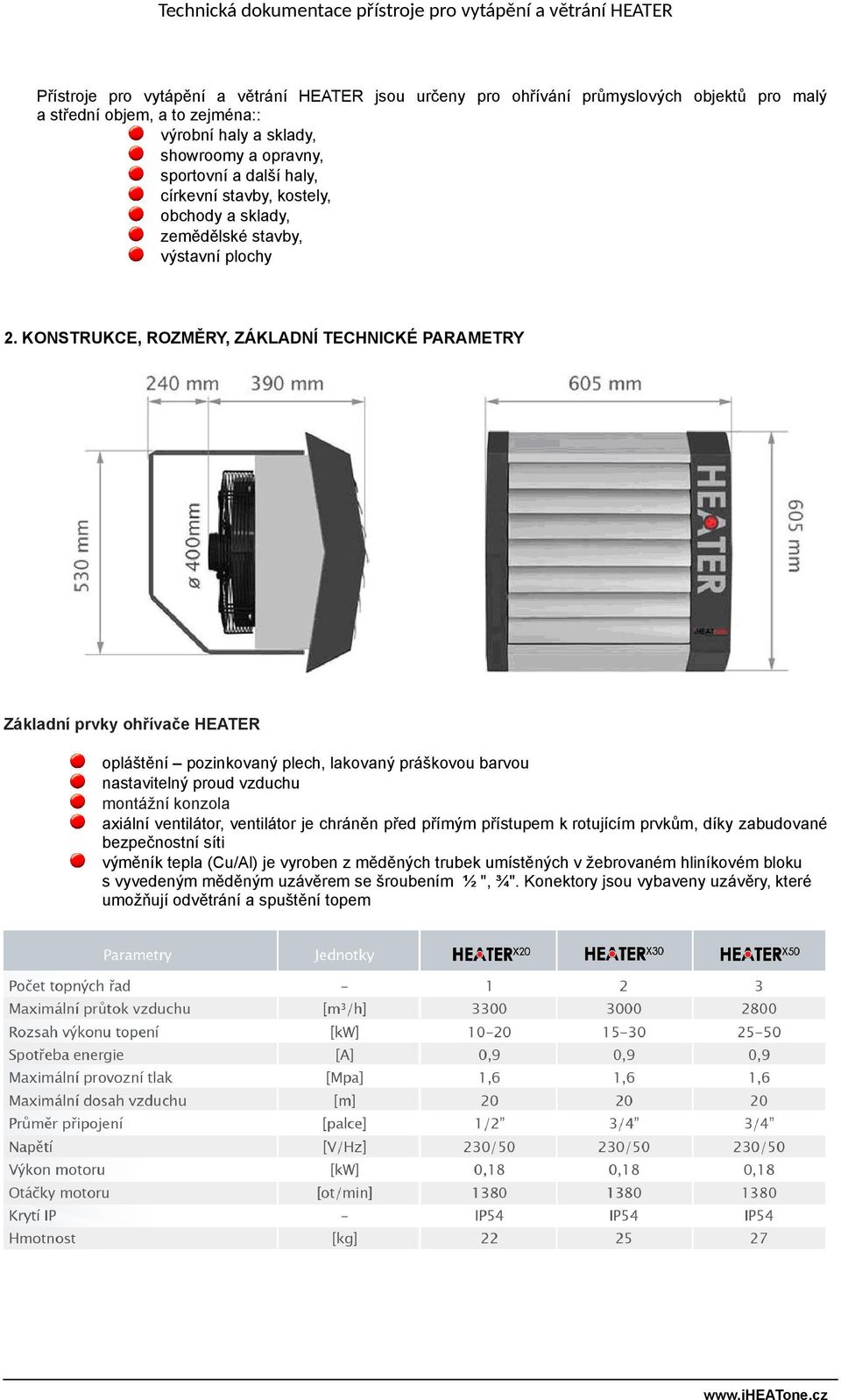 KONSTRUKCE, ROZMĚRY, ZÁKLADNÍ TECHNICKÉ PARAMETRY Základní prvky ohřívače HEATER opláštění pozinkovaný plech, lakovaný práškovou barvou nastavitelný proud vzduchu montážní konzola axiální