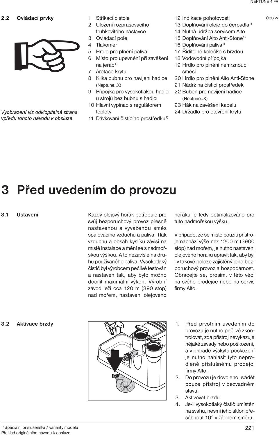 10 Hlavní vypínač s regulátorem teploty 11 Dávkování čistícího prostředku 12 Indikace pohotovosti 13 Doplňování oleje do čerpadla 14 Nutná údržba servisem Alto 15 Doplňování Alto Anti-Stone 16