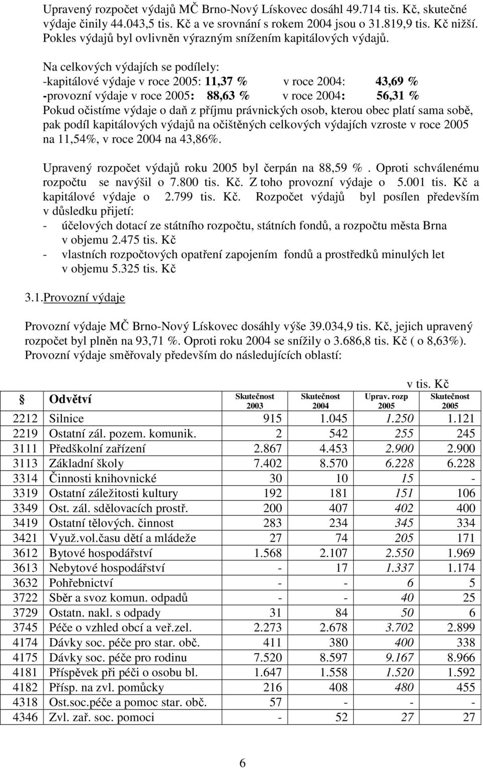 Na celkových výdajích se podílely: -kapitálové výdaje v roce : 11,37 % v roce 2004: 43,69 % -provozní výdaje v roce : 88,63 % v roce 2004: 56,31 % Pokud očistíme výdaje o daň z příjmu právnických