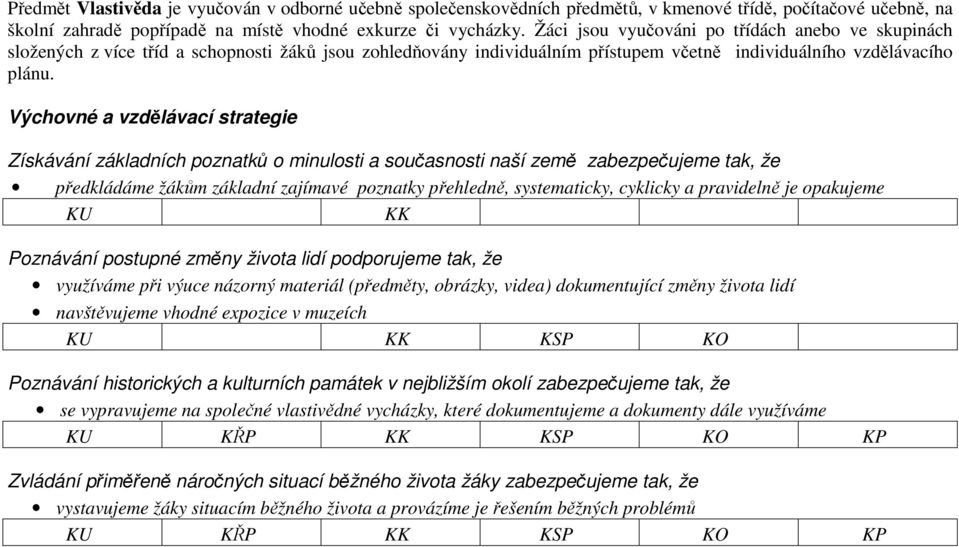 Výchovné a vzdělávací strategie Získávání základních poznatků o minulosti a současnosti naší země zabezpečujeme tak, že předkládáme žákům základní zajímavé poznatky přehledně, systematicky, cyklicky