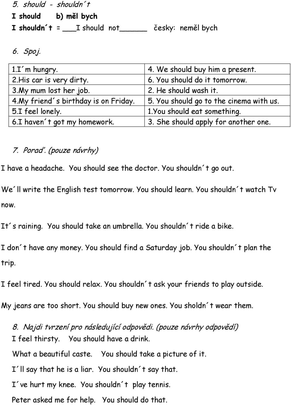 She should apply for another one. 7. Poraď. (pouze návrhy) I have a headache. You should see the doctor. You shouldn t go out. We ll write the English test tomorrow. You should learn.