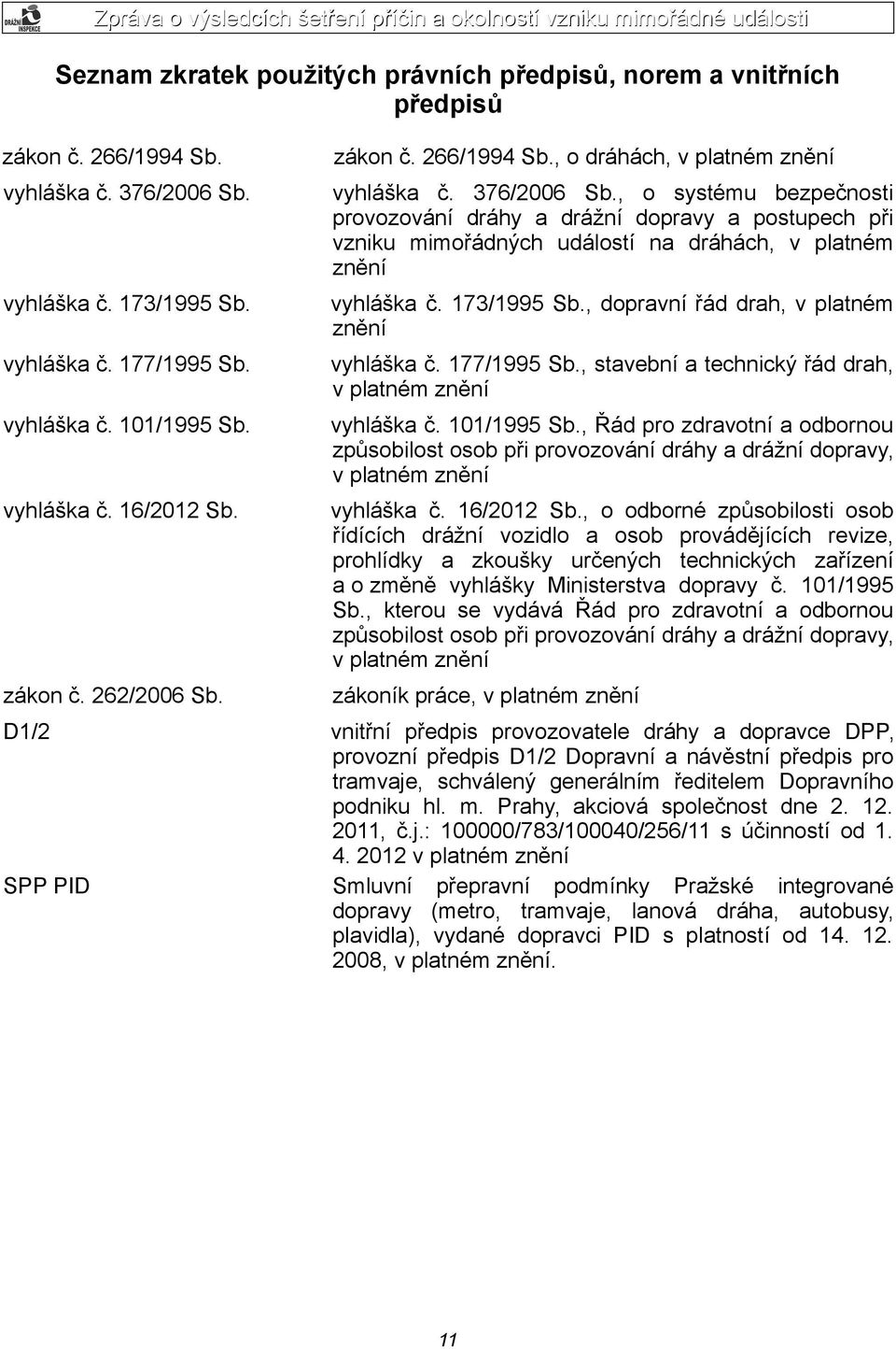 , o systému bezpečnosti provozování dráhy a drážní dopravy a postupech při vzniku mimořádných událostí na dráhách, v platném znění vyhláška č. 173/1995 Sb.