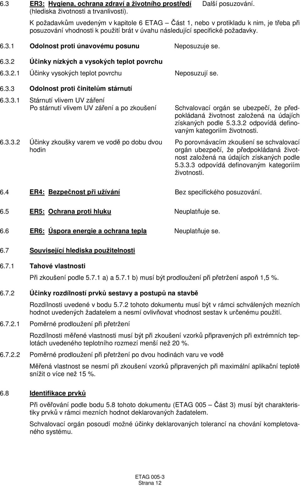 1 Odolnost proti únavovému posunu Neposuzuje se. 6.3.2 Účinky nízkých a vysokých teplot povrchu 6.3.2.1 Účinky vysokých teplot povrchu Neposuzují se. 6.3.3 Odolnost proti činitelům stárnutí 6.3.3.1 Stárnutí vlivem UV záření Po stárnutí vlivem UV záření a po zkoušení 6.