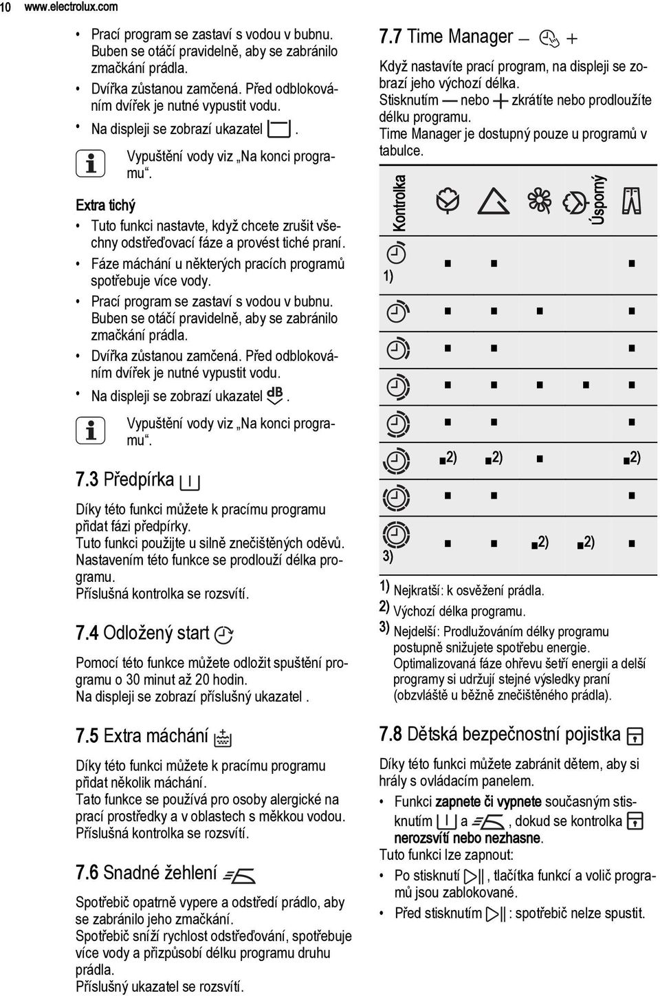 Před odbloková ním dvířek je nutné vypustit vodu. Na displeji se zobrazí ukazatel. 7.7 Time Manager Když nastavíte prací program, na displeji se zo brazí jeho výchozí délka.