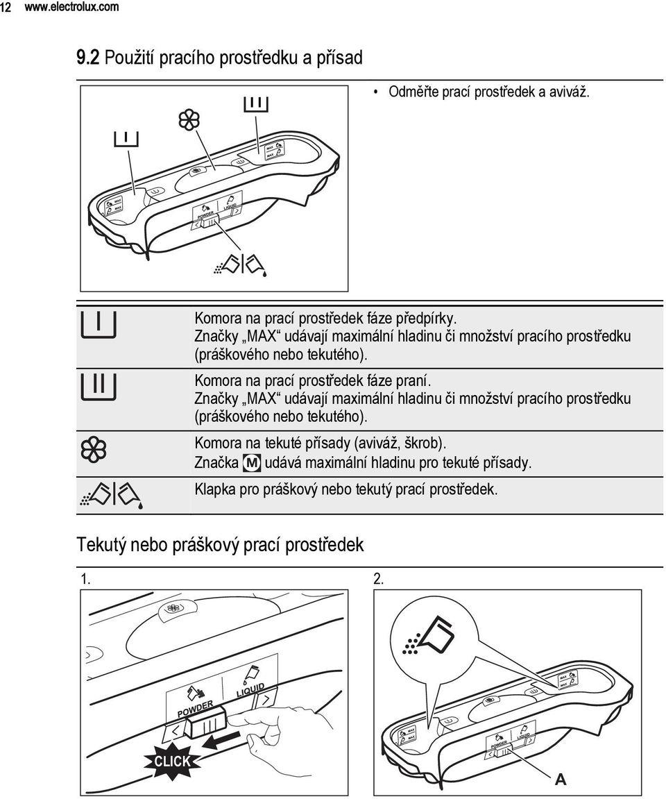 Značky MAX udávají maximální hladinu či množství pracího prostředku (práškového nebo tekutého). Komora na tekuté přísady (aviváž, škrob).