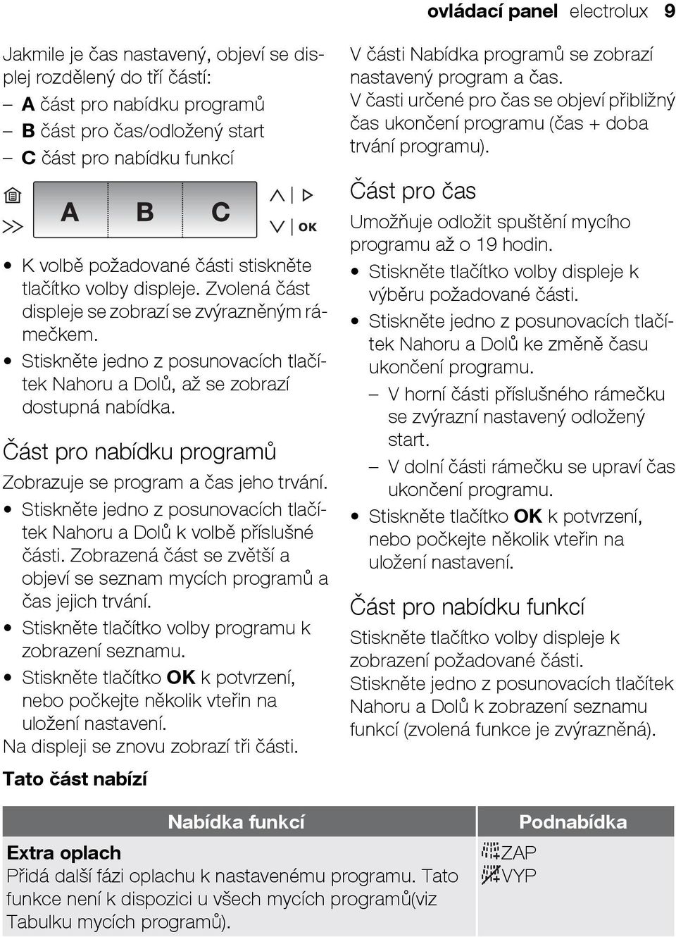 Část pro nabídku programů Zobrazuje se program a čas jeho trvání. Stiskněte jedno z posunovacích tlačítek Nahoru a Dolů k volbě příslušné části.