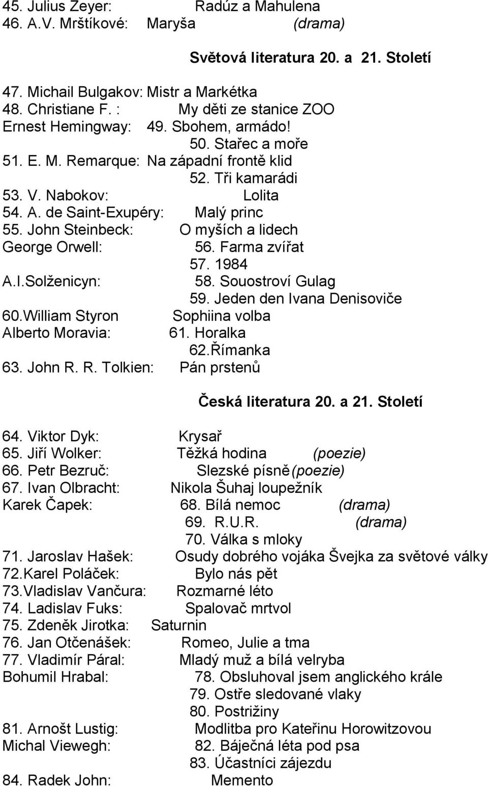 de Saint-Exupéry: Malý princ 55. John Steinbeck: O myších a lidech George Orwell: 56. Farma zvířat 57. 1984 A.I.Solženicyn: 58. Souostroví Gulag 59. Jeden den Ivana Denisoviče 60.