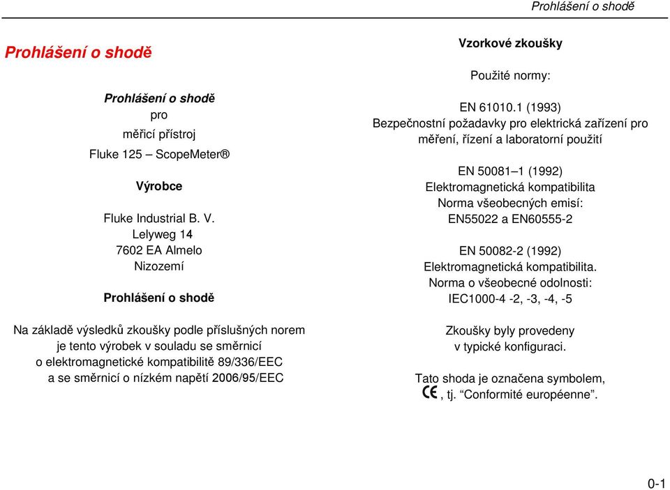 Lelyweg 14 7602 EA Almelo Nizozemí Prohlášení o shodě Na základě výsledků zkoušky podle příslušných norem je tento výrobek v souladu se směrnicí o elektromagnetické kompatibilitě 89/336/EEC a se