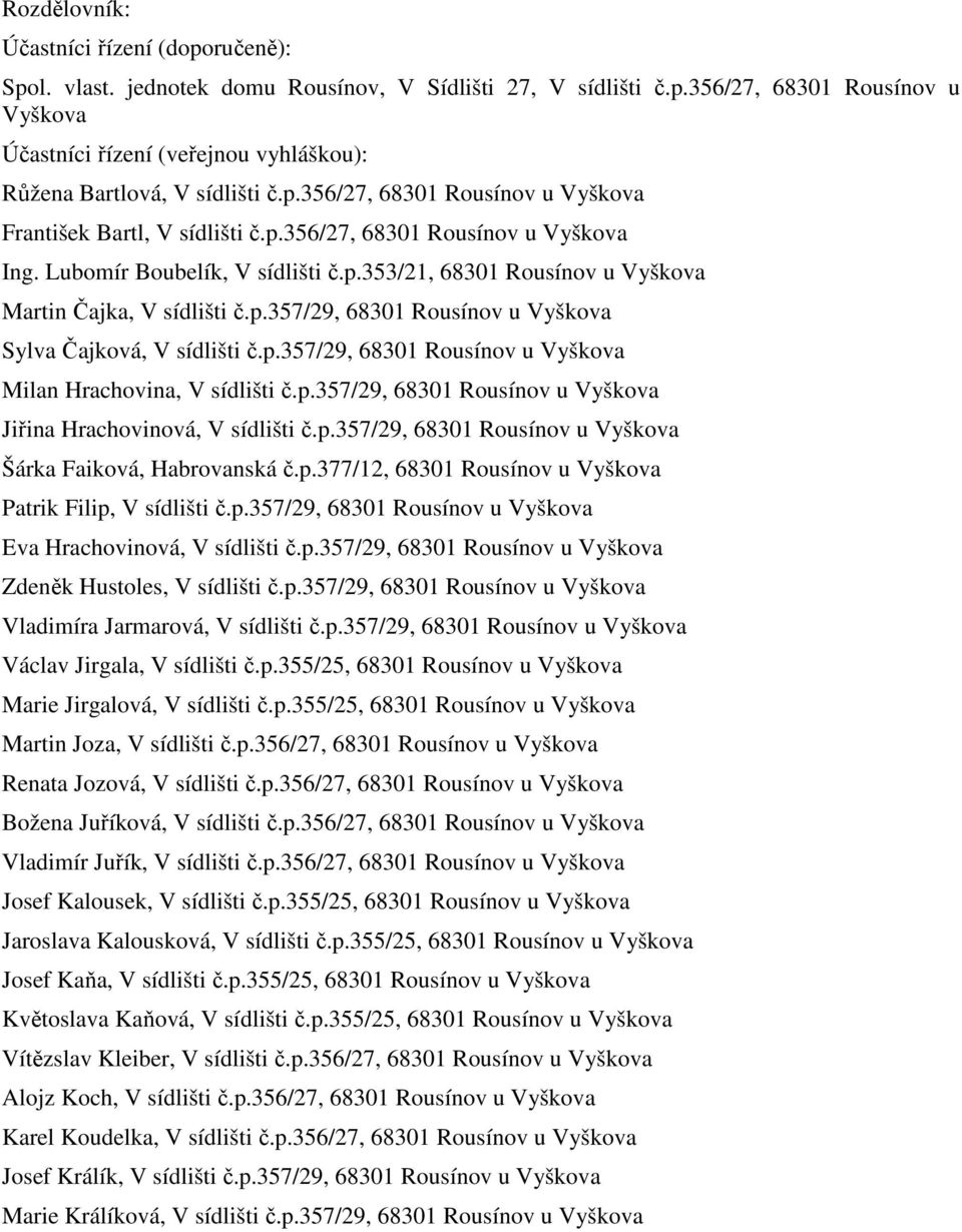 p.357/29, 68301 Rousínov u Vyškova Milan Hrachovina, V sídlišti č.p.357/29, 68301 Rousínov u Vyškova Jiřina Hrachovinová, V sídlišti č.p.357/29, 68301 Rousínov u Vyškova Šárka Faiková, Habrovanská č.