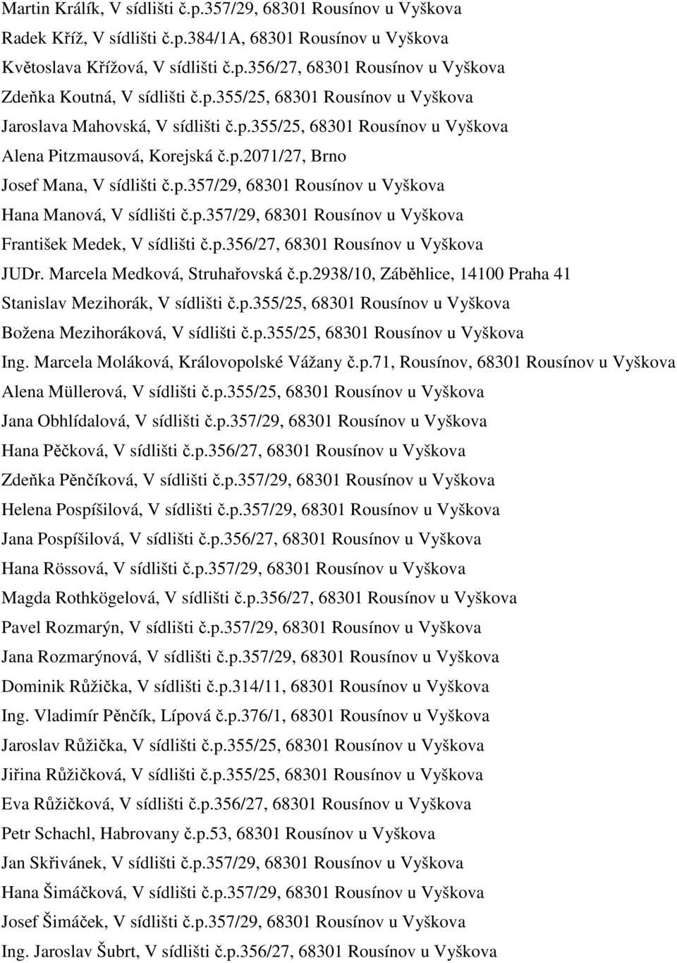 p.357/29, 68301 Rousínov u Vyškova František Medek, V sídlišti č.p.356/27, 68301 Rousínov u Vyškova JUDr. Marcela Medková, Struhařovská č.p.2938/10, Záběhlice, 14100 Praha 41 Stanislav Mezihorák, V sídlišti č.