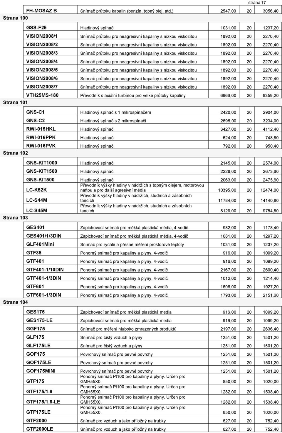 neagresivní kapaliny s nízkou viskozitou 1892,00 20 2270,40 VISION2008/3 Snímač průtoku pro neagresivní kapaliny s nízkou viskozitou 1892,00 20 2270,40 VISION2008/4 Snímač průtoku pro neagresivní