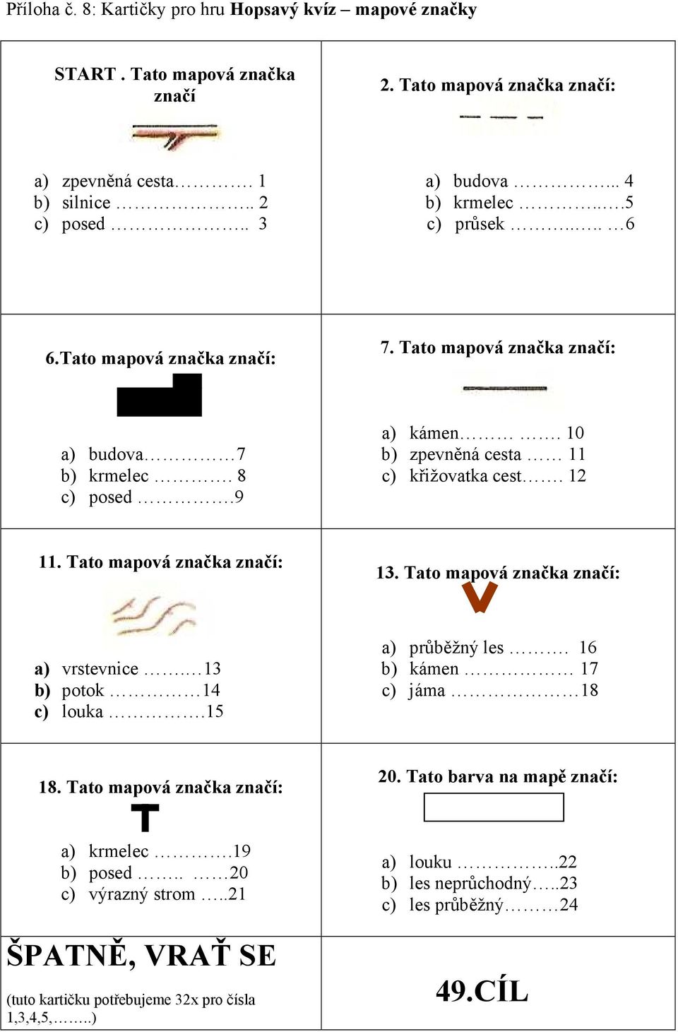 12 11. Tato mapová značka značí: 13. Tato mapová značka značí: a) vrstevnice. 13 b) potok 14 c) louka.15 a) průběžný les. 16 b) kámen 17 c) jáma 18 18. Tato mapová značka značí: 20.