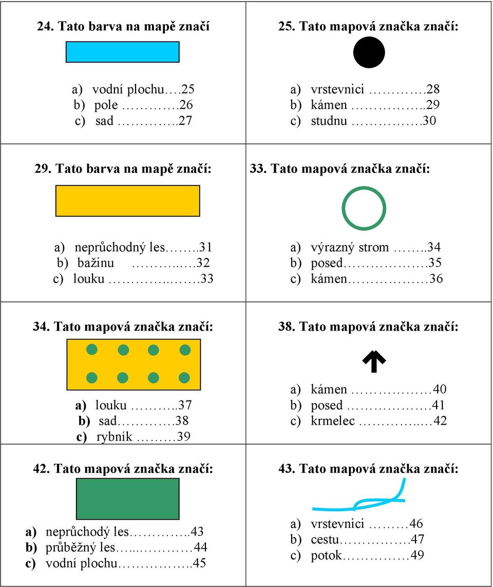 35 c) kámen 36 34. Tato mapová značka značí: 38. Tato mapová značka značí: a) louku..37 b) sad.38 c) rybník 39 42.