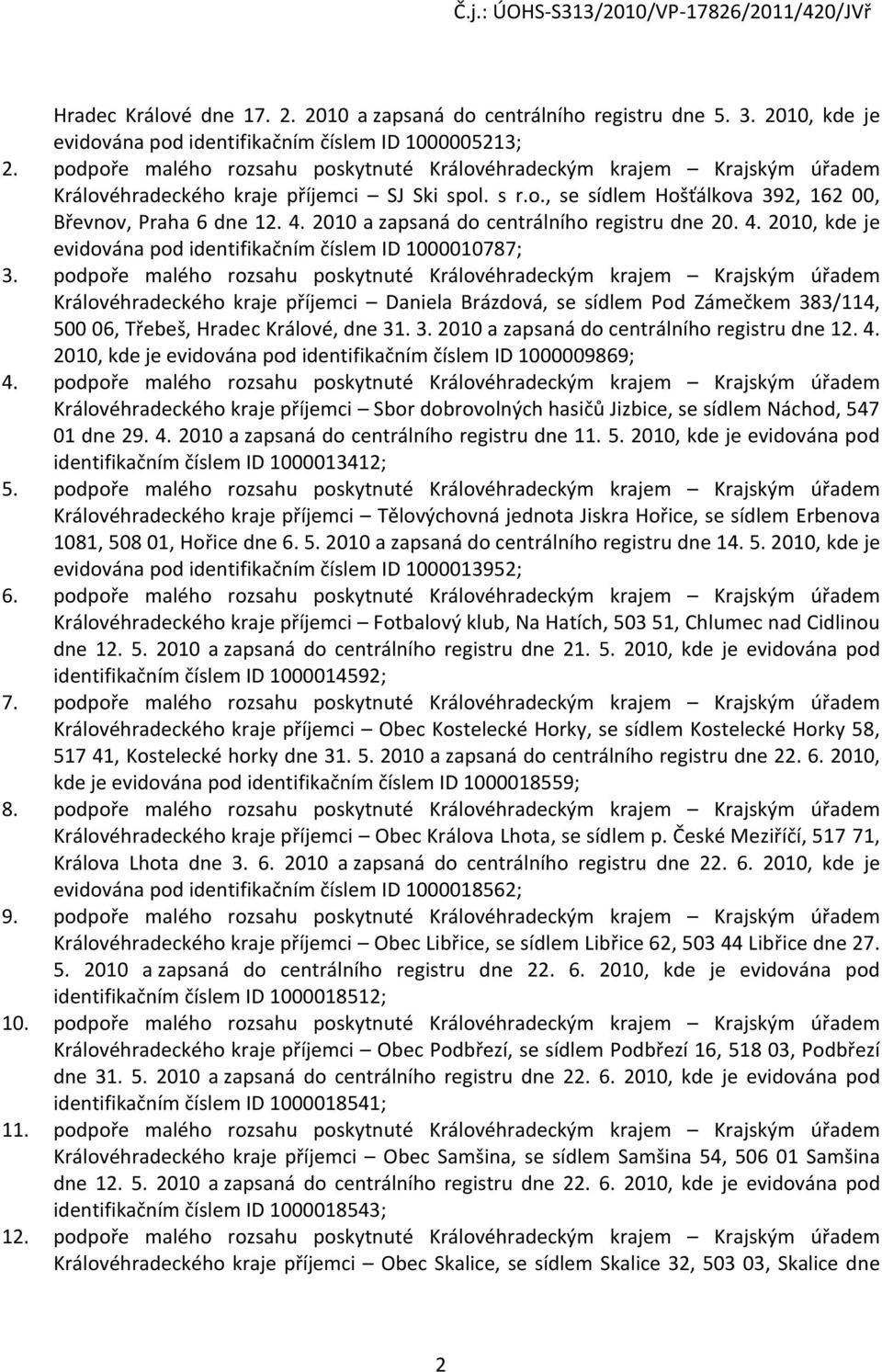 2010 a zapsaná do centrálního registru dne 20. 4. 2010, kde je evidována pod identifikačním číslem ID 1000010787; 3.