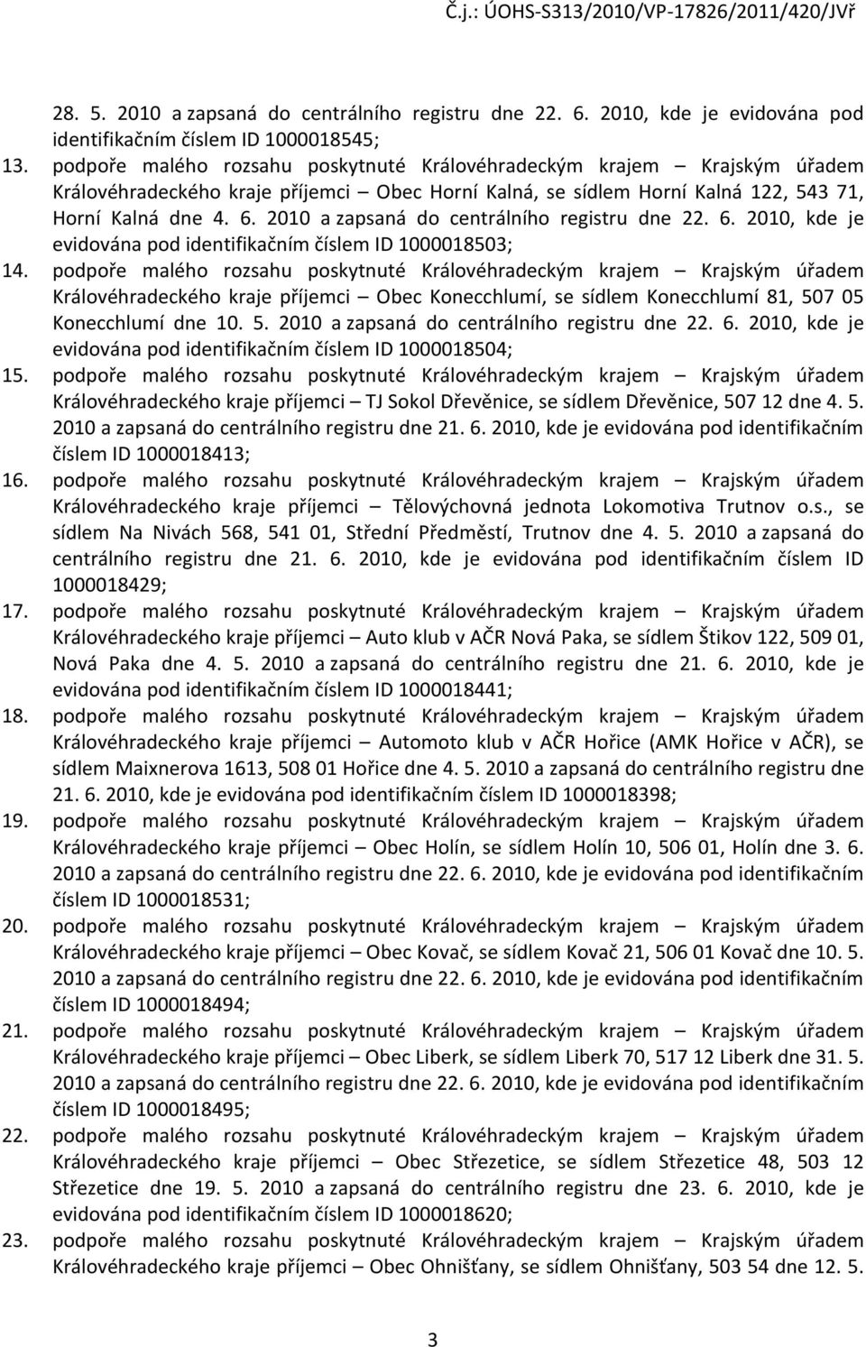 2010 a zapsaná do centrálního registru dne 22. 6. 2010, kde je evidována pod identifikačním číslem ID 1000018503; 14.