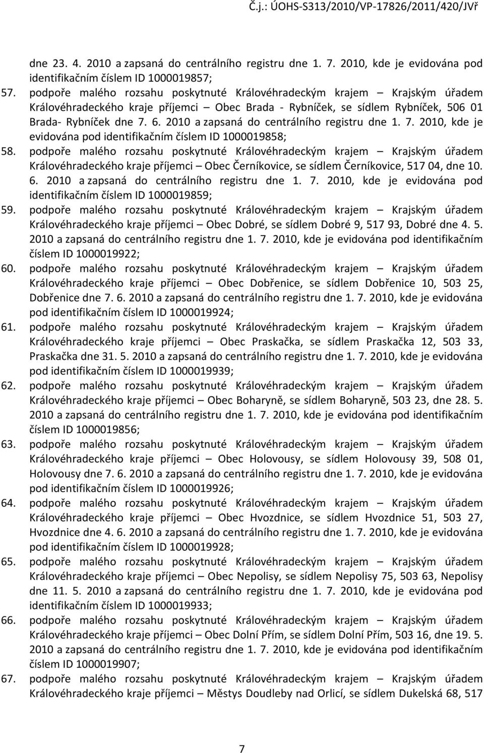 2010 a zapsaná do centrálního registru dne 1. 7. 2010, kde je evidována pod identifikačním číslem ID 1000019858; 58.