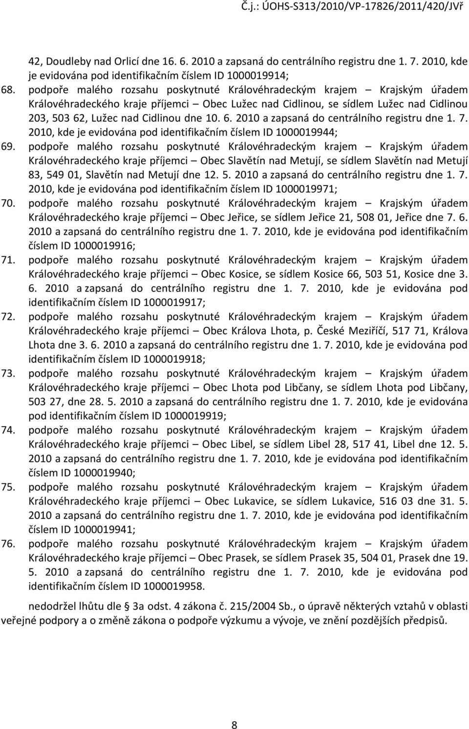 6. 2010 a zapsaná do centrálního registru dne 1. 7. 2010, kde je evidována pod identifikačním číslem ID 1000019944; 69.