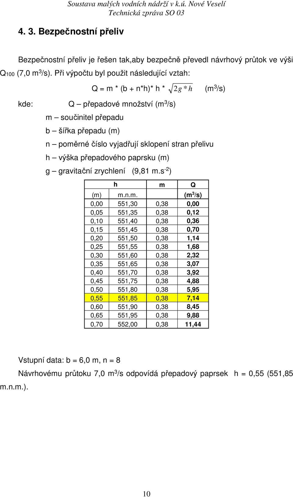 přelivu h výška přepadového paprsku (m)