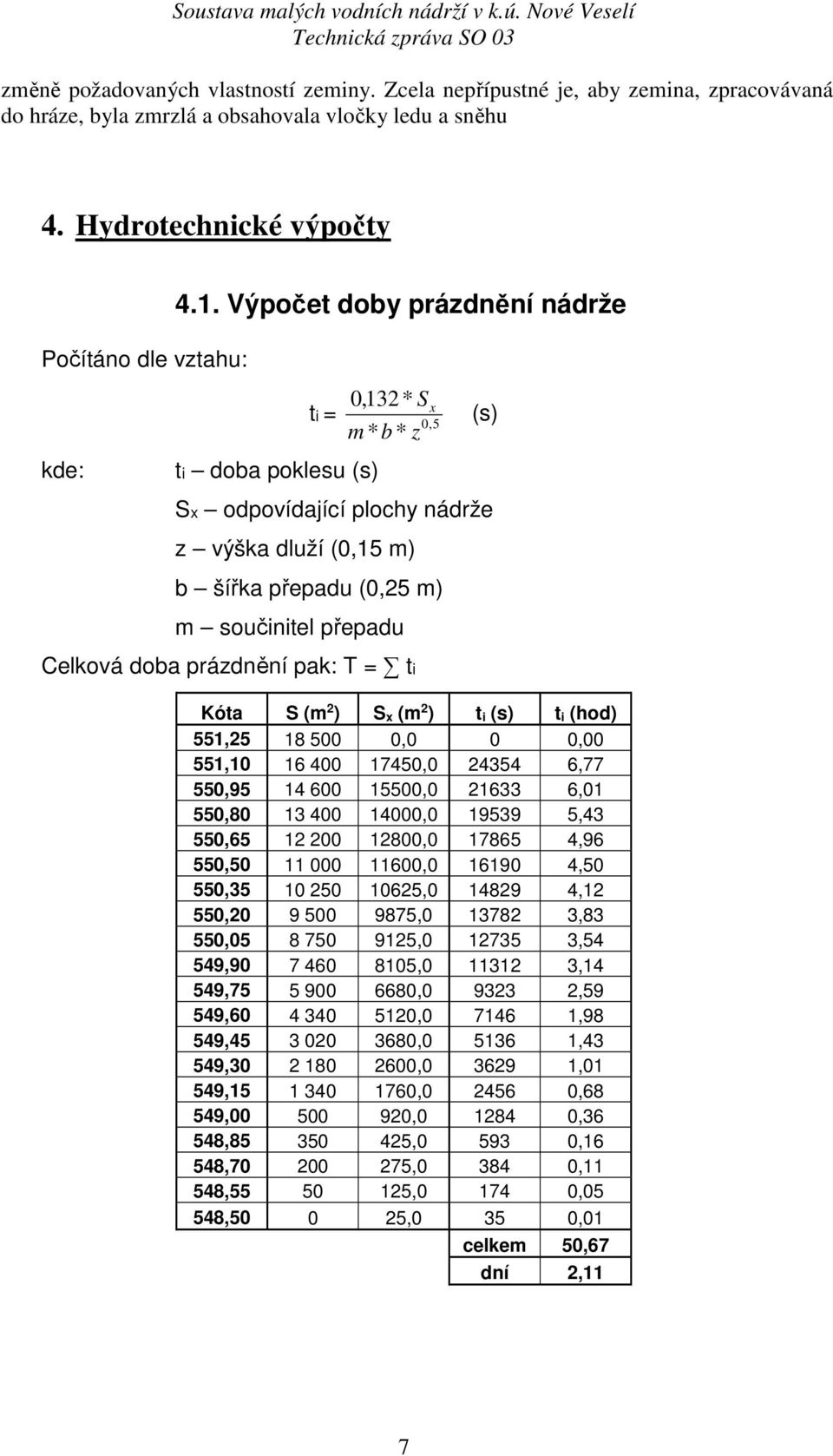 prázdnění pak: T = ti Kóta S (m 2 ) S x (m 2 ) t i (s) t i (hod) 551,25 18 500 0,0 0 0,00 551,10 16 400 17450,0 24354 6,77 550,95 14 600 15500,0 21633 6,01 550,80 13 400 14000,0 19539 5,43 550,65 12