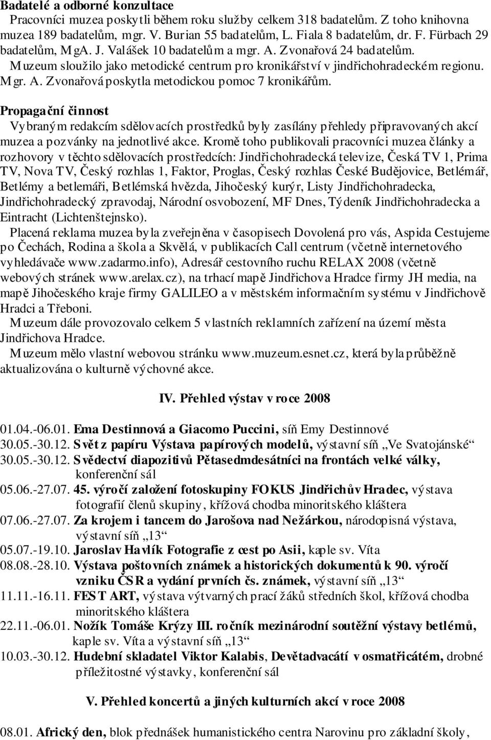 Propagační činnost Vybraným redakcím sdělovacích prostředků byly zasílány přehledy připravovaných akcí muzea a pozvánky na jednotlivé akce.