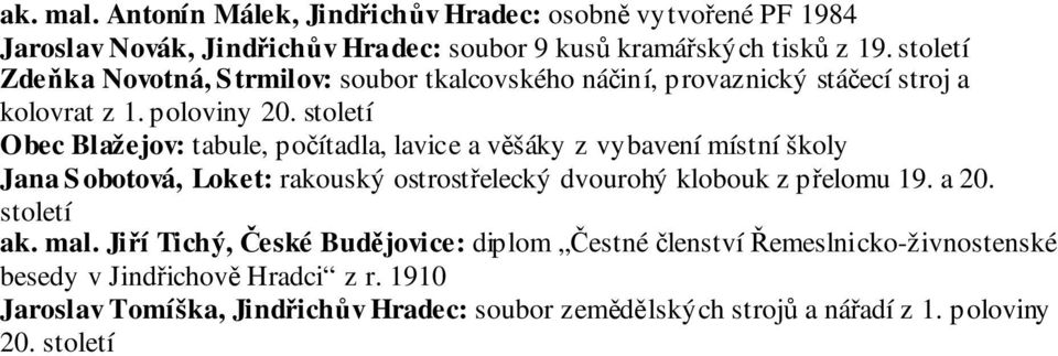 století Obec Blažejov: tabule, počítadla, lavice a věšáky z vybavení místní školy Jana Sobotová, Loket: rakouský ostrostřelecký dvourohý klobouk z přelomu 19. a 20.