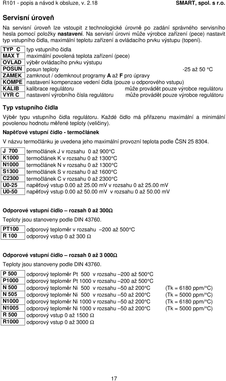 TYP C typ vstupního idla MAX T maximální povolená teplota zaízení (pece) OVLAD výbr ovládacího prvku výstupu POSUN posun teploty -25 až 50 C ZAMEK zamknout / odemknout programy A až F pro úpravy