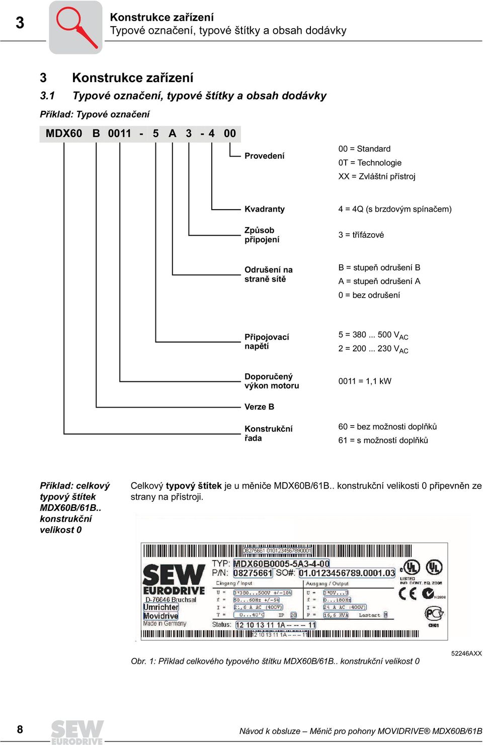 brzdovým spínačem) 3 = třífázové Odrušení na straně sítě B = stupeň odrušení B A = stupeň odrušení A 0 = bez odrušení Připojovací napětí 5 = 380... 500 V AC 2 = 200.