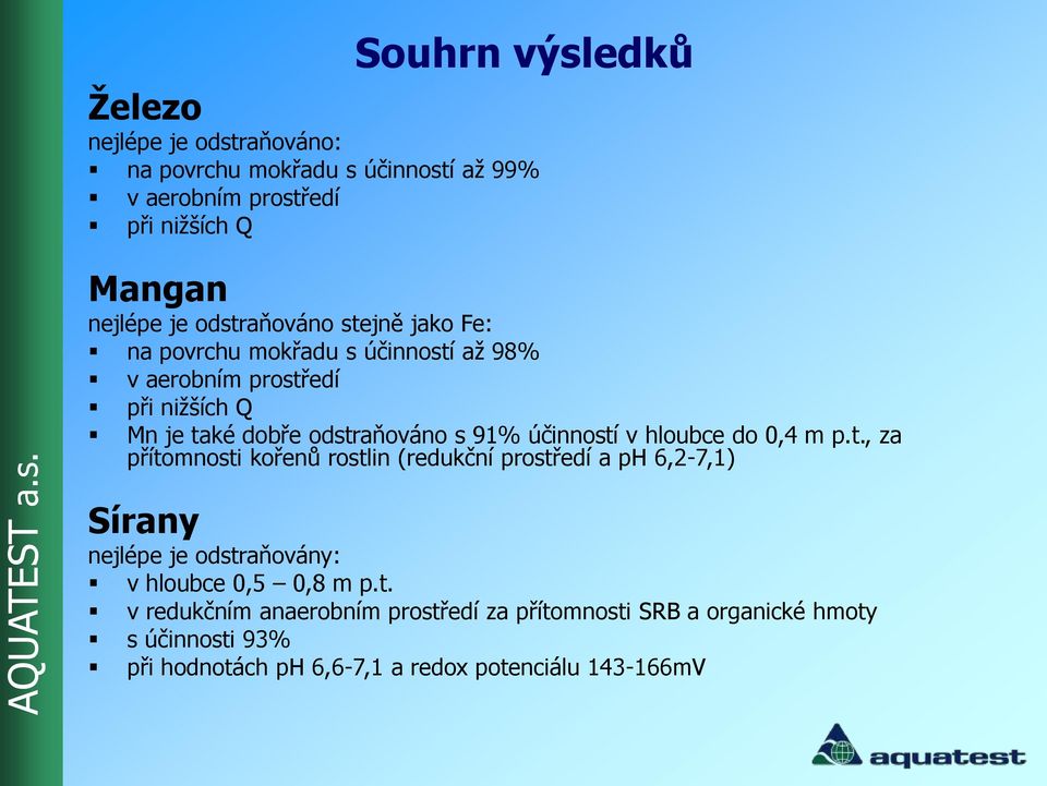 účinností v hloubce do 0,4 m p.t., za přítomnosti kořenů rostlin (redukční prostředí a ph 6,2-7,1) Sírany nejlépe je odstraňovány: v hloubce 0,5 0,8 m p.