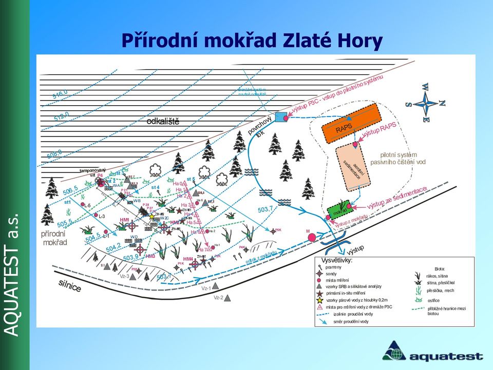 5 Ha 4 Ha 5 HM4 Ha 6 Ha 6 Ha 7 Vz-1 Ha 2 Ha 1 P2K Vz-2 503,7 P5K P4K odtok z mokřadu M mokřad Vysvětlivky: prameny sondy místa měření aerobní sedimentace výstup z mokřadu výstup vzorky SRB a