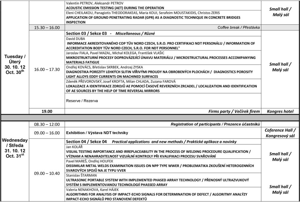 GROUND PENETRATING RADAR (GPR) AS A DIAGNOSTIC TECHNIQUE IN CONCRETE BRIDGES INSPECTION 15.30 16.00 Coffee break / Přestávka Section 03 / Sekce 03 - Miscellaneous / Různé 16.00 17.