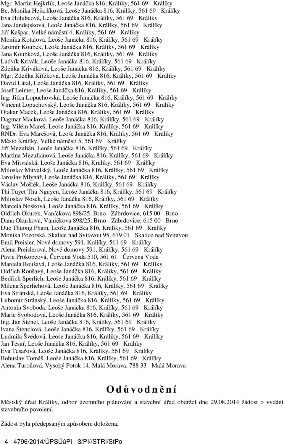 Velké náměstí 4, Králíky, 561 69 Králíky Monika Kotalová, Leoše Janáčka 816, Králíky, 561 69 Králíky Jaromír Koubek, Leoše Janáčka 816, Králíky, 561 69 Králíky Jana Koubková, Leoše Janáčka 816,